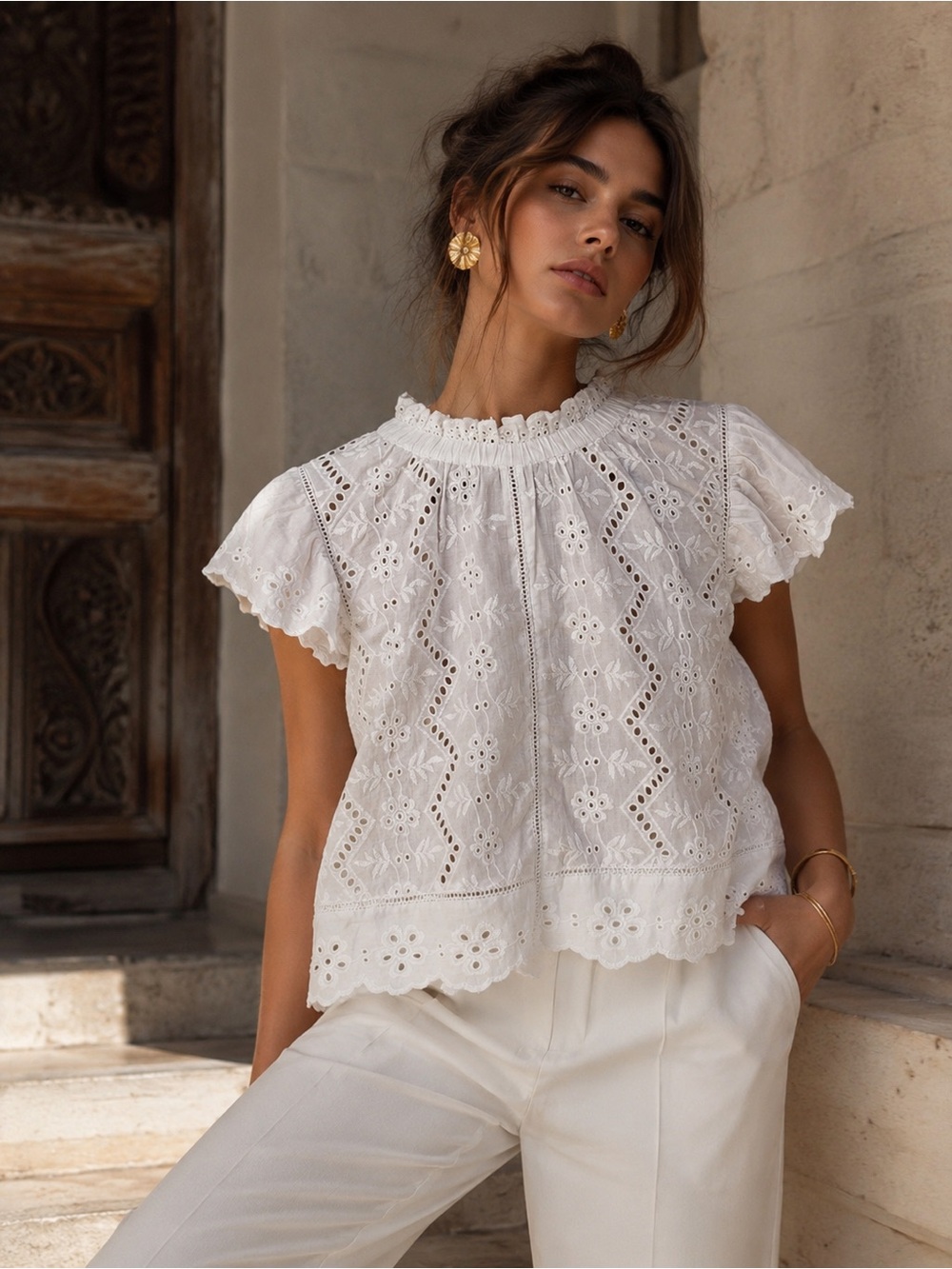 NWT BAILEY 44 White Eyelet Embroidered Flutter Sleeve Blouse Size L